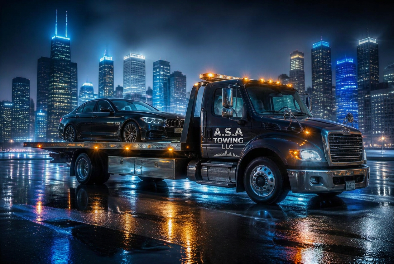 A.S.A Towing flatbed truck on a wet Chicago street at night